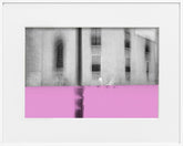 A limited edition museum-quality photograph featuring a grayscale urban scene with a pink horizontal band, titled 'Valencia, 2019'. The image includes architectural elements and a sense of depth.