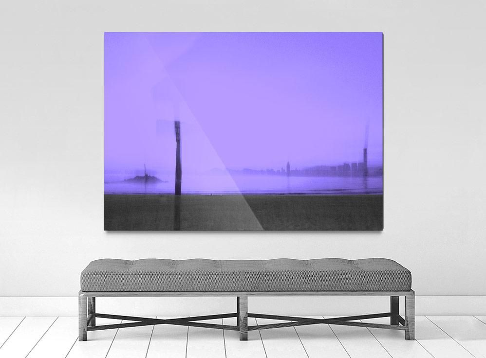 A limited edition museum-quality photograph featuring a abstract urban scene with a purple hue, with a certificate of authenticity.