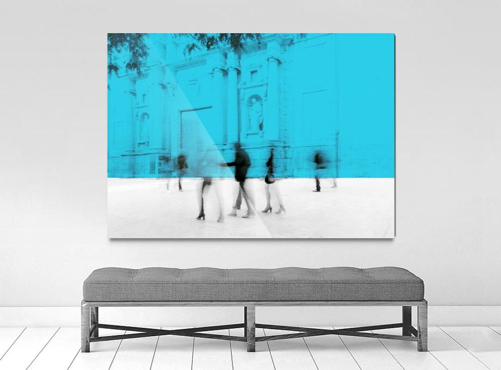 A limited edition museum-quality photograph featuring abstract urban street scenes with a predominately blue textured background,-#e6e6e6.