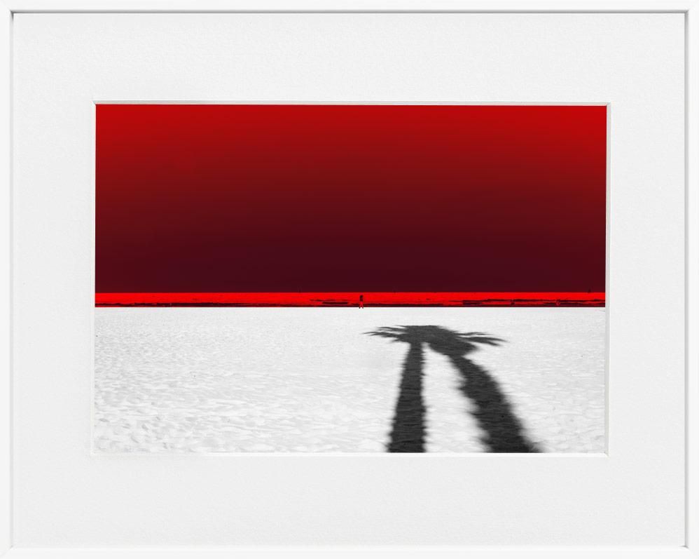 A limited edition museum-quality photograph featuring a red sky with a white lower half, and a shadow of a palm tree or similar shape in the center.