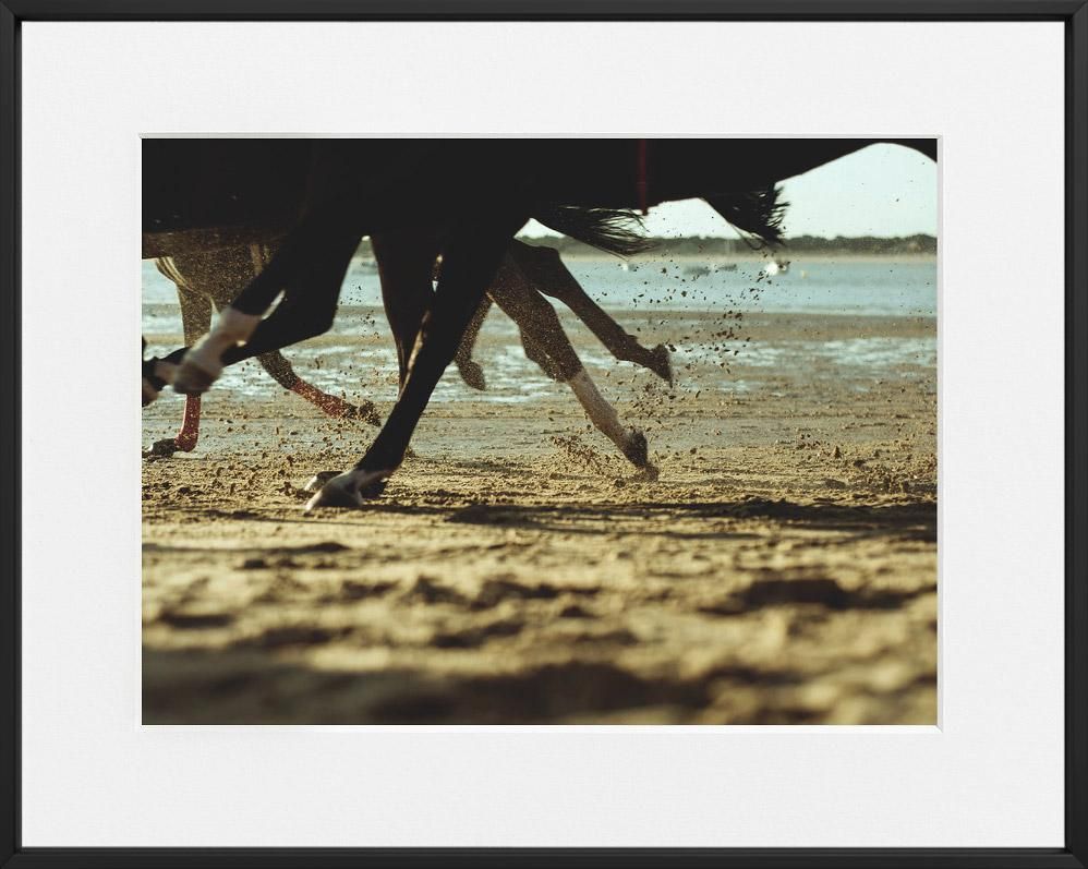 Horse legs in motion kick up sand along a sunlit shoreline, with blurred water and distant land visible in the background.