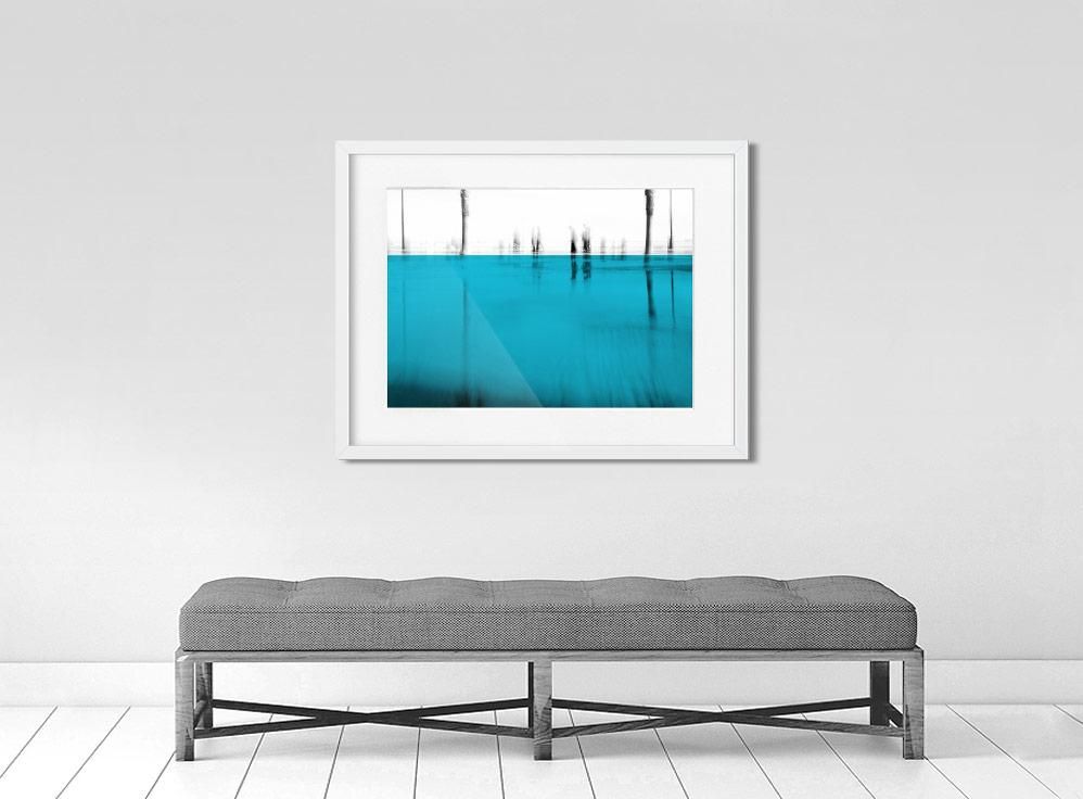 A limited edition museum-quality photograph featuring an abstract composition with blocks of solid color, predominantly blue, with a certificate of authenticity.