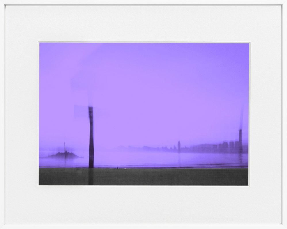 A limited edition museum-quality photograph featuring a abstract urban scene with a purple hue, with a certificate of authenticity.