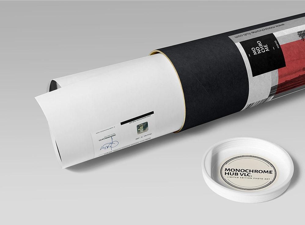 A rolled sheet of paper partially slides out from a black and white tube with a detached white lid on a plain light gray surface.